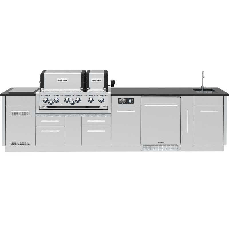 Broil King 11-Foot Outdoor Kitchen Island with Imperial QS 690i 6-Burner Gas Grill, Rotisserie, Side Burner, Sink, Refrigerator & iQue™ Technology Control