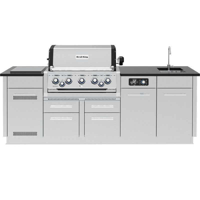 Broil King 8-Foot Outdoor Kitchen Island with Imperial QS 590i 5-Burner Gas Grill, Rotisserie, Side Burner, Sink & iQue Technology Control