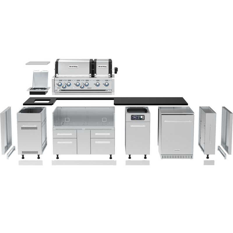 Broil King 9 3/4-Foot Outdoor Kitchen Island with Imperial QS 690i 6-Burner Gas Grill, Rotisserie, Side Burner, Refrigerator & iQue™ Technology Control