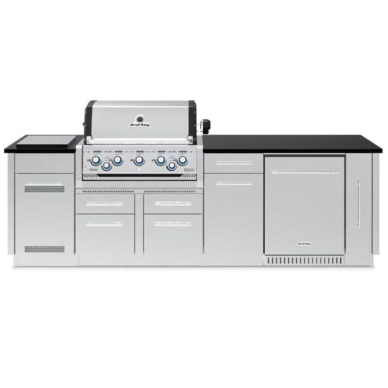 Broil King 9-Foot Outdoor Kitchen Island with Imperial S 590i 5-Burner Gas Grill, Rotisserie, Side Burner & Refrigerator