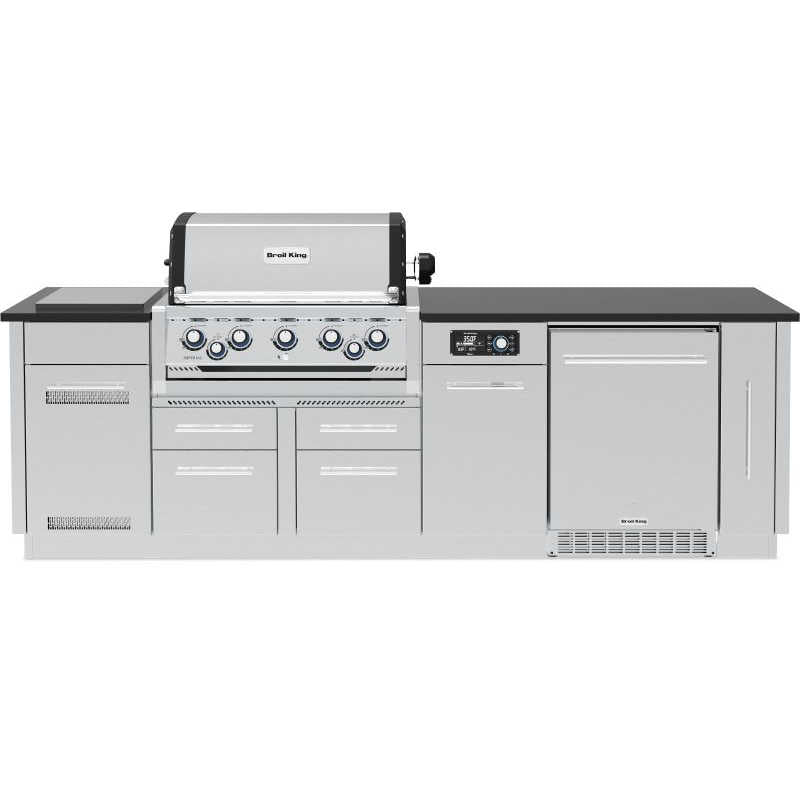 Broil King 9-Foot Outdoor Kitchen Island with Imperial QS 590i 5-Burner Gas Grill, Rotisserie, Side Burner, Refrigerator & iQue™ Technology Control