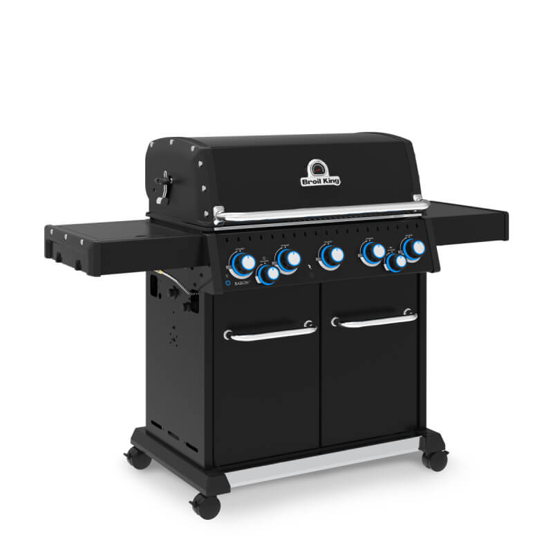 Broil King Baron Shadow 590 PRO Black 5-Burner Gas Grill | Blue Exterior Back Lit Gas Knobs