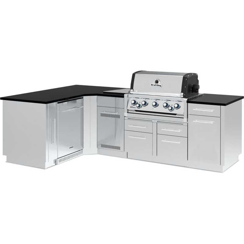 Broil King L-Shaped Outdoor Kitchen Island w/ Imperial S 590i 5-Burner Gas Grill, Rotisserie, Side Burner & Refrigerator
