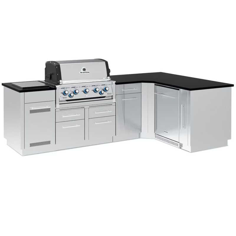 Broil King L-Shaped Outdoor Kitchen Island with Imperial S 590i 5-Burner Gas Grill, Rotisserie, Side Burner & Refrigerator