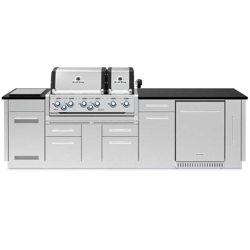 Broil King 9 3/4-Foot Outdoor Kitchen Island with Imperial S 690i 6-Burner Gas Grill, Rotisserie, Side Burner & Refrigerator