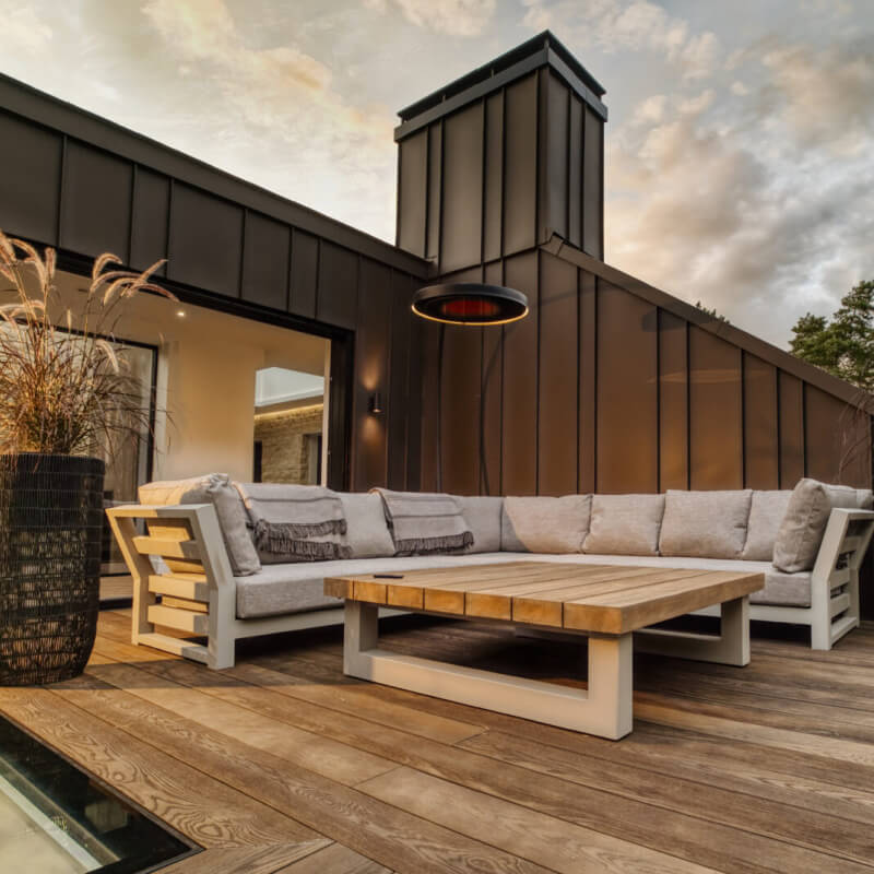 Bromic Eclipse Electric Freestanding Heater & Light | Shown on House Patio