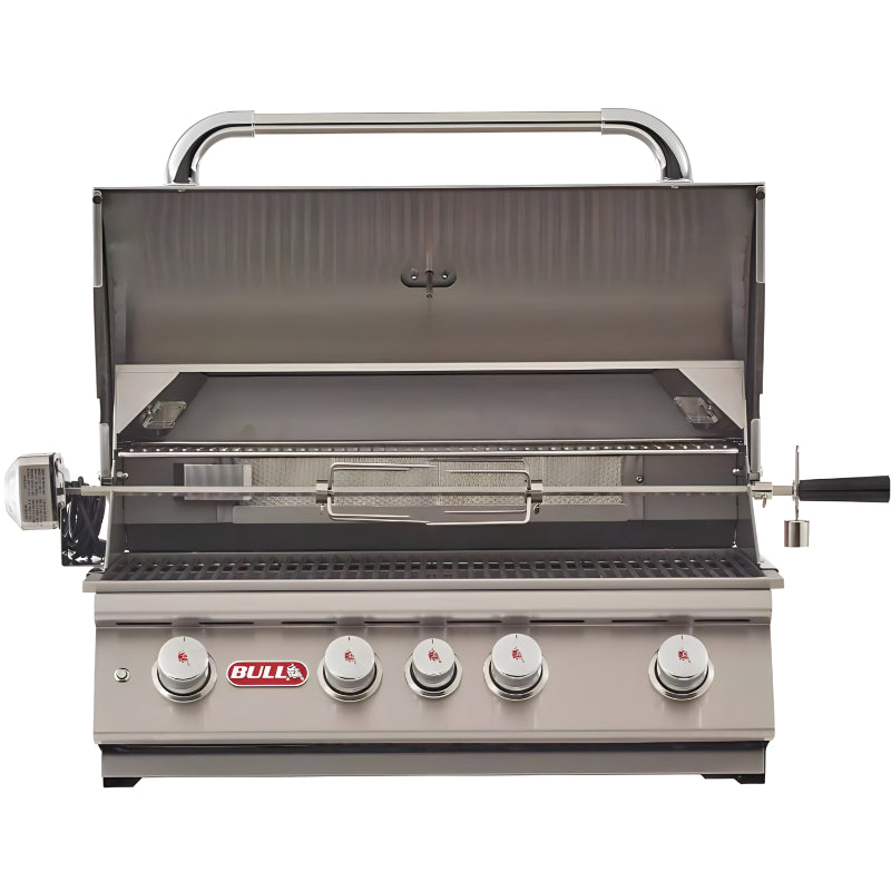 Bull 47629 Angus 30 Inch 4 Burner Built In Gas Grill With Rotisserie Hood Open Angled View