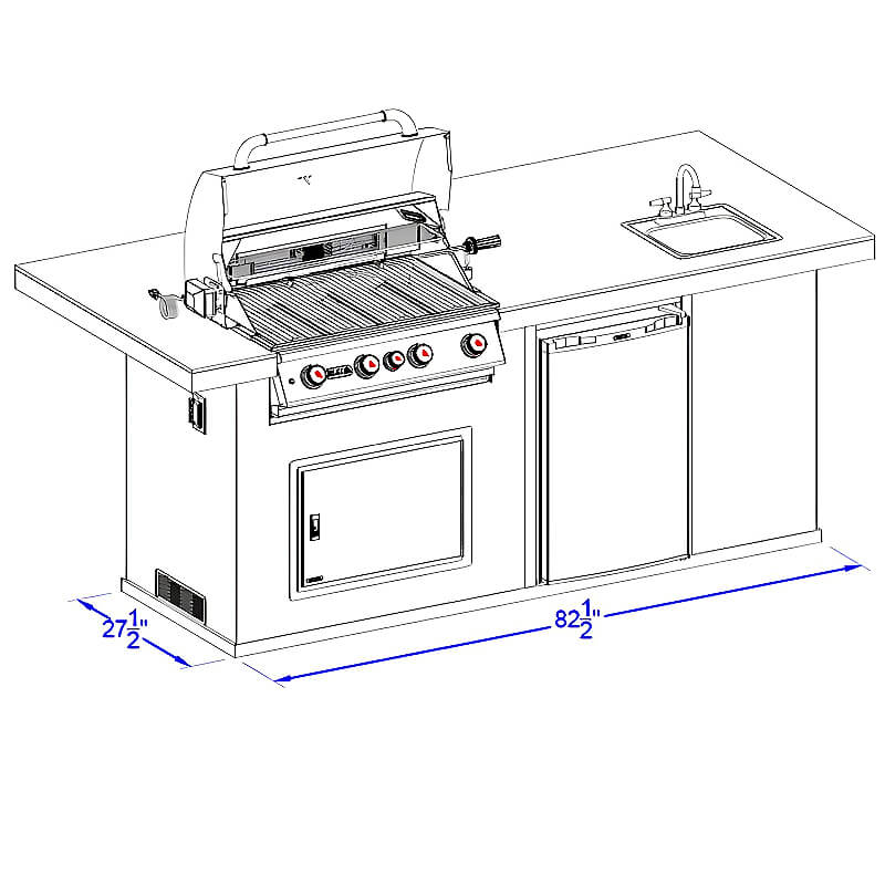 Bull 8 Ft BBQ Grill Island | Angled View Dimensions