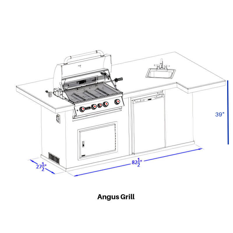 Bull 8.5 Ft BBQ Grill Island | Angus Grill Front View Dimensions