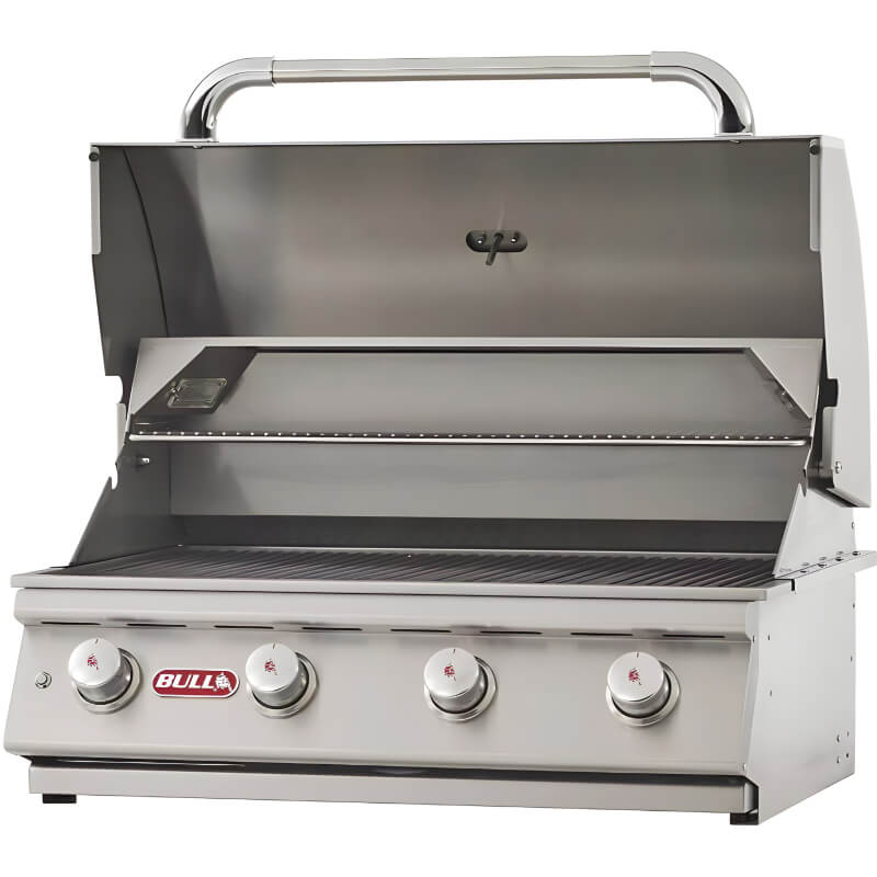 Bull 87049 Lonestar Select 30 Inch 4 Burner Built In Gas Grill Hood Open Angled View