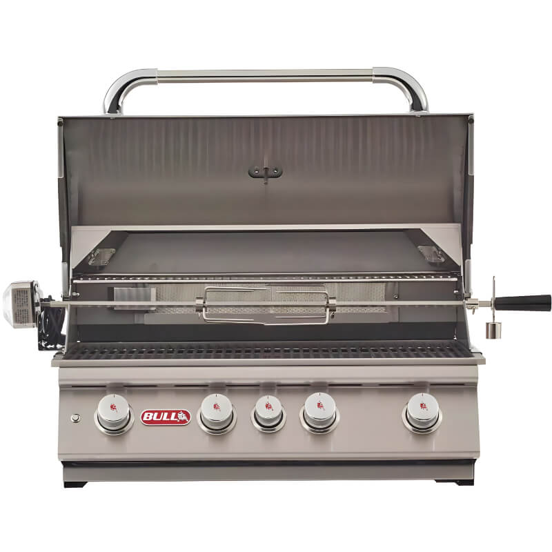 Bull Angus 30 Inch Burner Built In Gas Grill With Rotisserie Hood Open Angled