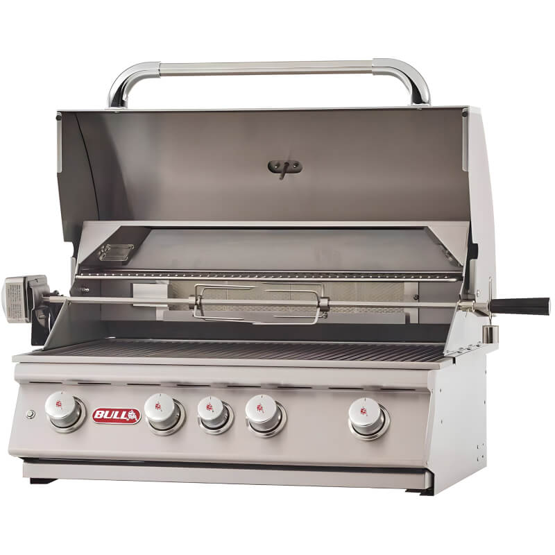 Bull Angus 30 Inch Burner Built In Gas Grill With Rotisserie Hood Open