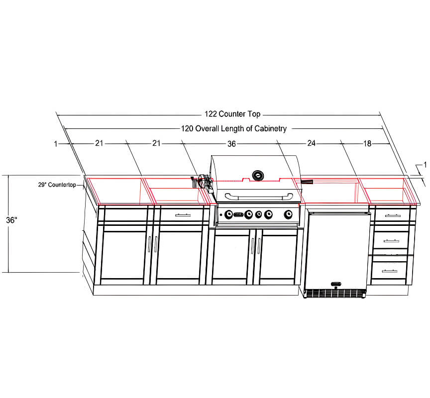 Bull Charleston 10 Ft Dura Outdoor Kitchen - Dimensions