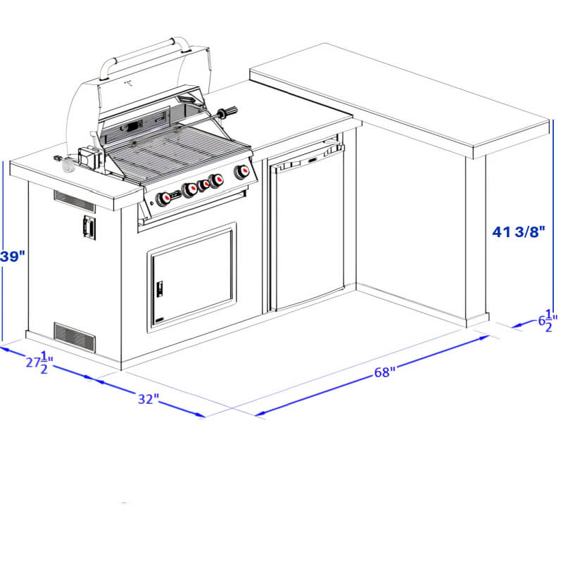 Bull Luxury Q L-Shaped BBQ Grill Island | Front View Dimensions