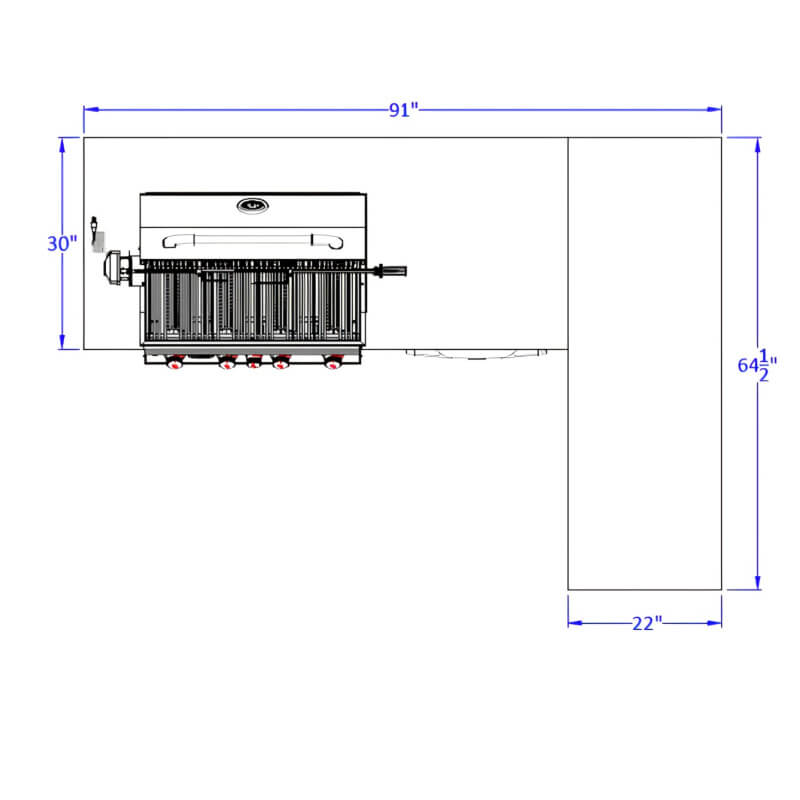 Bull Luxury Q L-Shaped BBQ Grill Island | Top View Dimensions