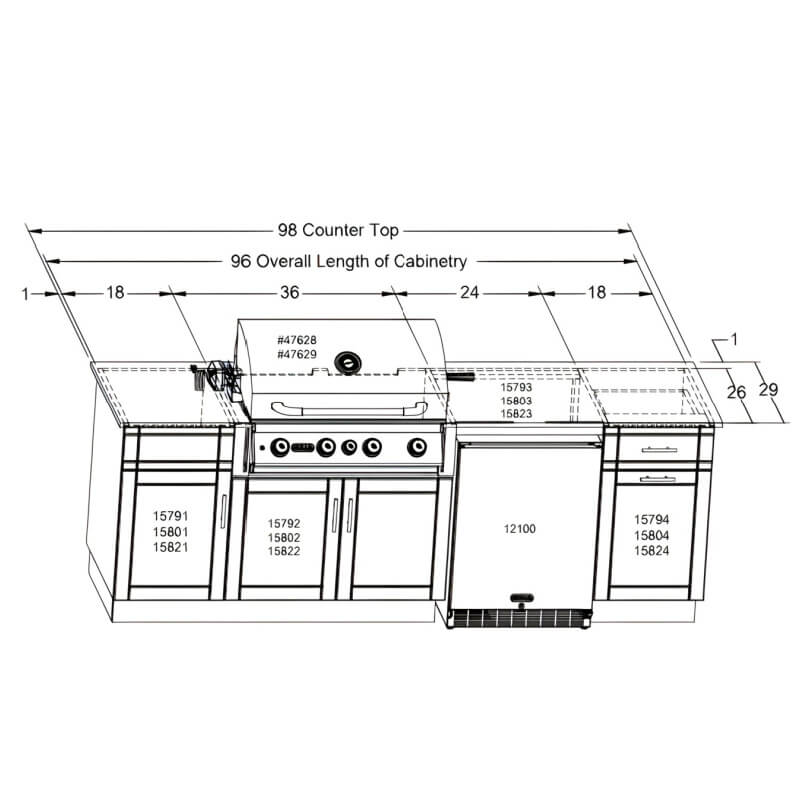 Bull Myrtle Beach 8 Ft Dura Outdoor Kitchen -  Dimensions