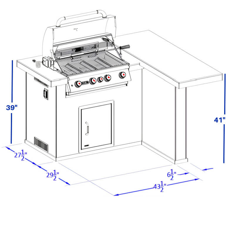 Bull Patio Q L-Shaped BBQ Grill Island | Front View Specs