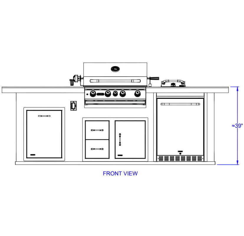 Bull Premier Q 9.5 Ft BBQ Grill Island - Front View Dimensions