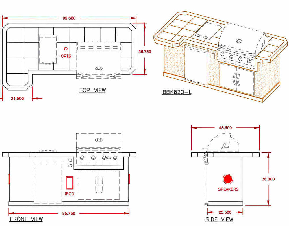 Cal Flame 8 Ft. L-Shaped BBQ Grill Island - BBK820 | Dimensions