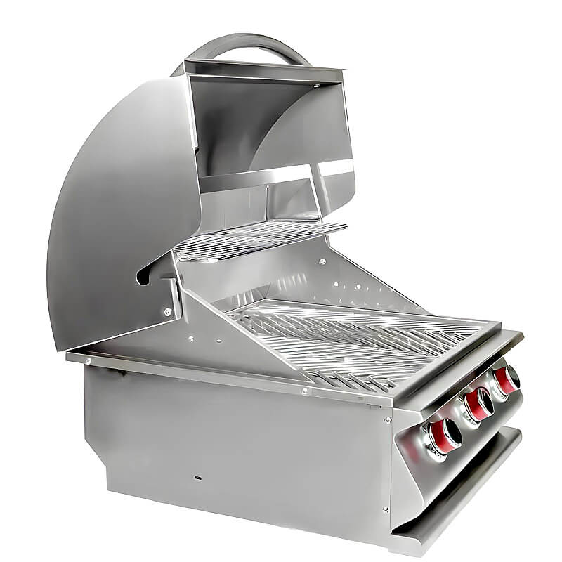 Cal Flame G Series 24 Inch 3 Burner Built In Grill | Opened Grill Hood | Side Angle