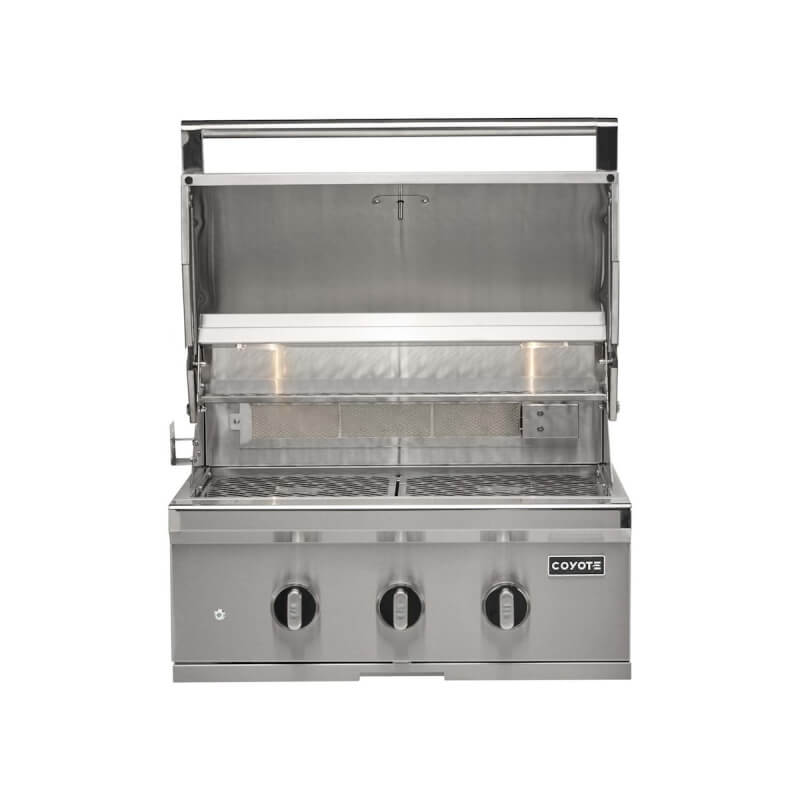 Coyote SL-Series 30-Inch 3-Burner Built-In Gas Grill With Sear Burner & Rotisserie | Grill Hood Opened