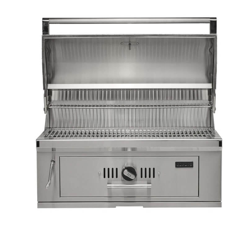 Coyote 36-Inch Built-In Stainless Steel Charcoal Grill | Hood Opened