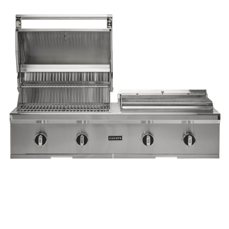 Coyote 50-in Built-In Gas Grill / Flat Top Combo | Gas Grill Hood Opened