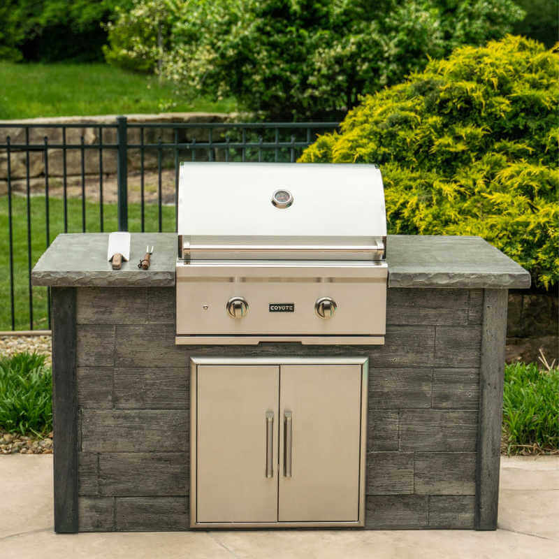 Coyote C-Series 28-Inch 2-Burner Built-In Gas Grill | Shown in 6 Ft Grill Island With Double Doors
