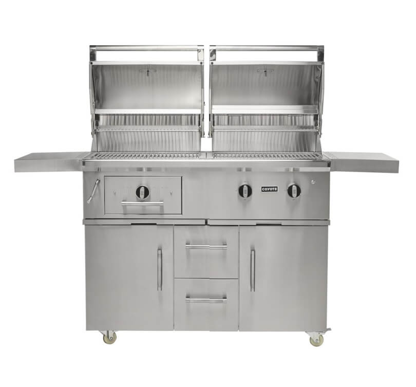 Coyote Centaur 50-Inch Dual Fuel Freestanding Grill | Hood Opened