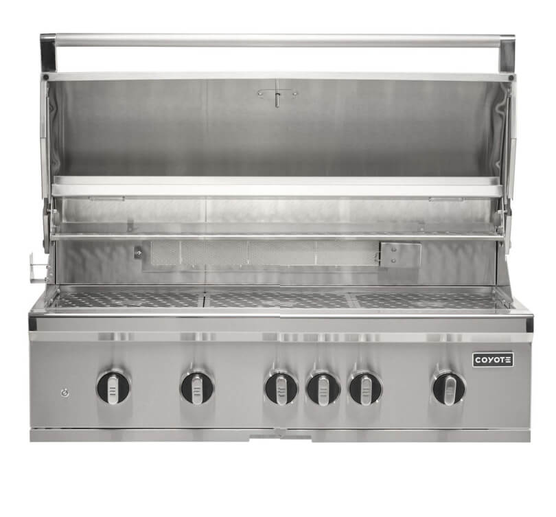 Coyote SL-Series 42-Inch 5-Burner Built-In Gas Grill With Sear Burner & Rotisserie | Hood Opened