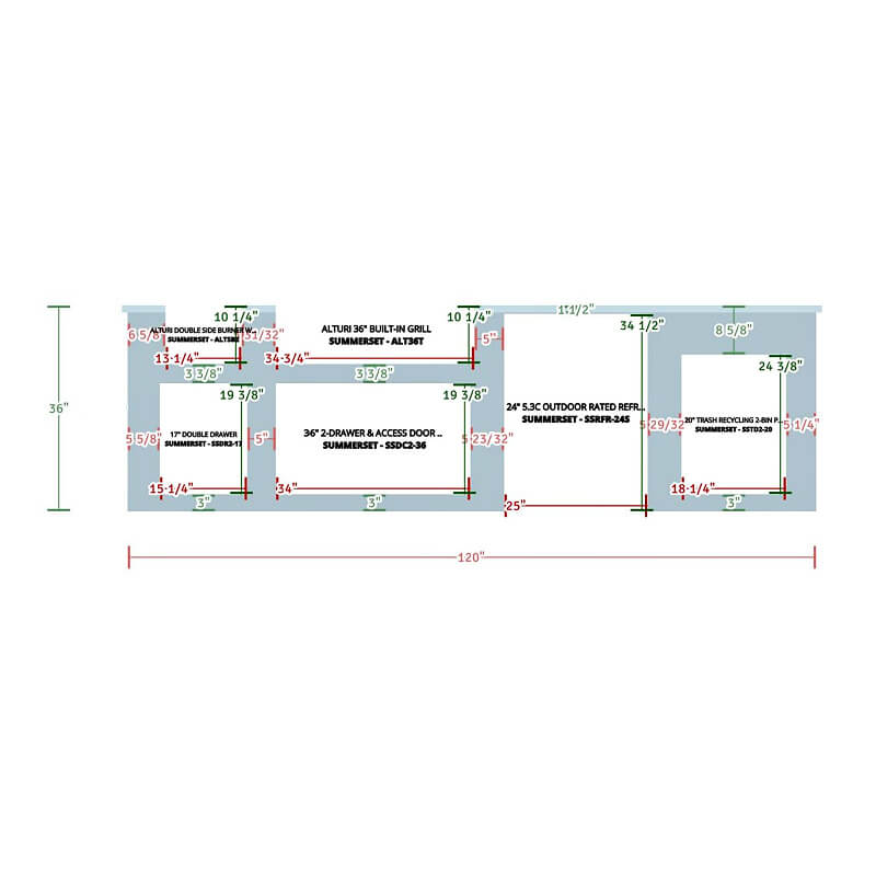 EZ Finish 10Ft RTF Outdoor Kitchen Island | Front Angle Dimensions