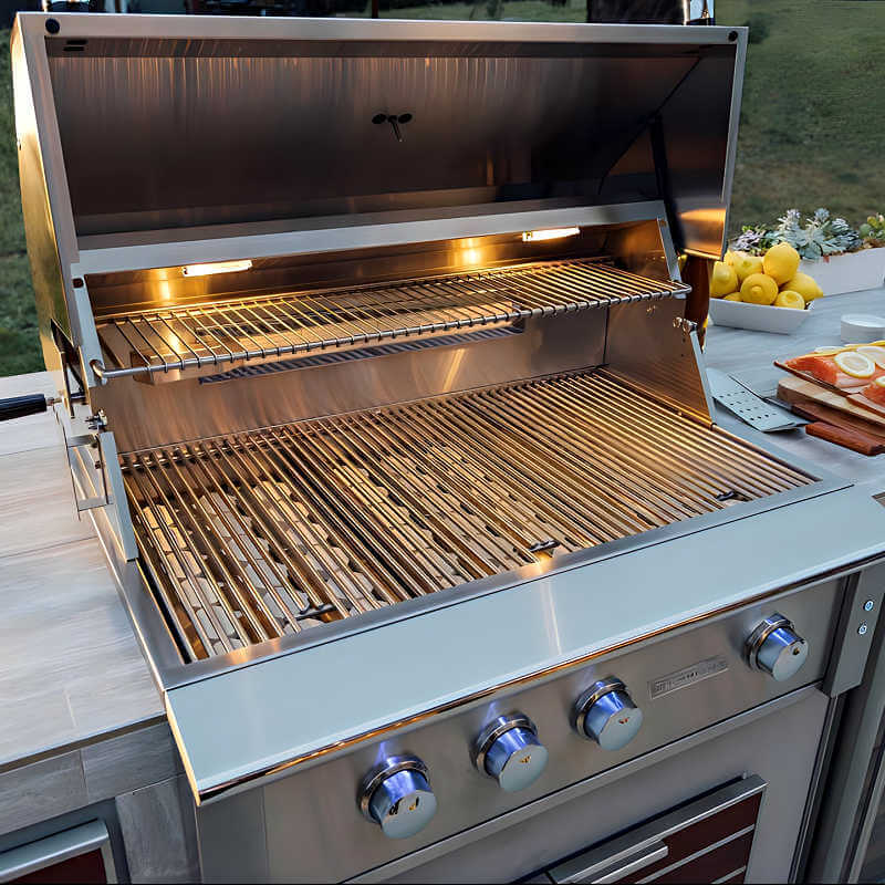 EZ Finish 8 Foot Outdoor BBQ Grill Island | Summerset Alturi 36-inch 3 Burner Gas Grill | Installed With Gray Porcelain Tile