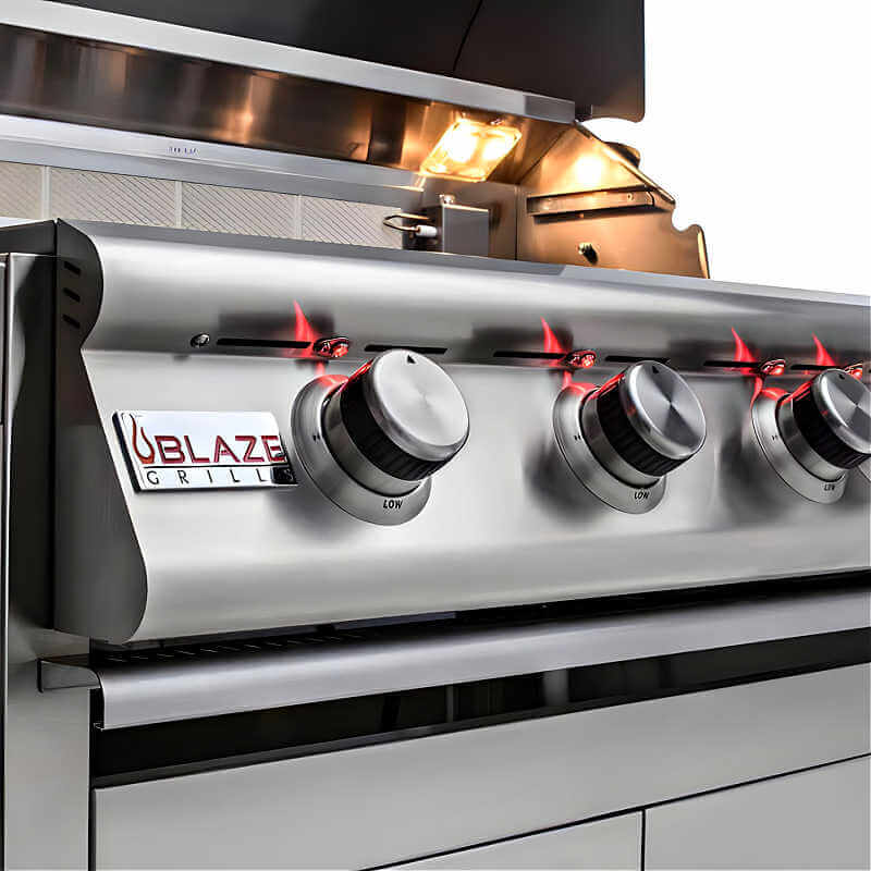 EZ Finish 10 Ft Ready-To-Finish Grill Island | Blaze Premium LTE 32-Inch Grill | Red LED Exterior Gas Control Lights