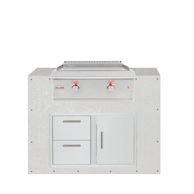 EZ Finish Outdoor Systems 48 Inch Ready for Finish Outdoor Kitchen Module w Blaze Premium LTE 30 Inch Propane Griddle _ Double Drawer _ Door Combo