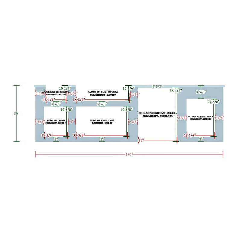 EZ Finish Systems 10 Ft Ready-To-Finish Outdoor Grill Island w/ Summerset Alturi 36-Inch Grill, Double Burner, Double Door, & Refrigerator