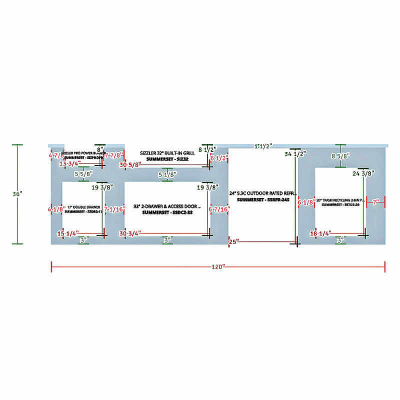 EZ Finish Systems 10 Ft Ready-To-Finish Outdoor Kitchen Island | Front View Dimensions