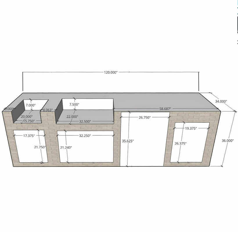 EZ Finish Systems 10 Ft Ready To Finish Outdoor Kitchen Island w/ Grill, Side Burner, Refrigerator, & Storage