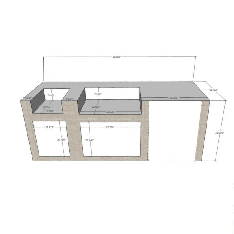 EZ Finish Outdoor Systems 8 Ft Ready To Finish Outdoor Kitchen w/ Grill, Side Burner, Double Drawer, & Refrigerator