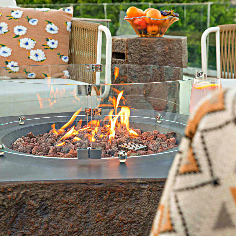 Elementi Columbia Hexagonal Concrete Fire Table | Tempered Glass Wind Guard