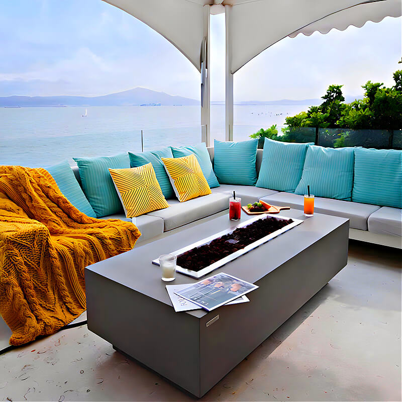 Elementi Granville Rectangular Concrete Fire Table | Light Gray on Patio