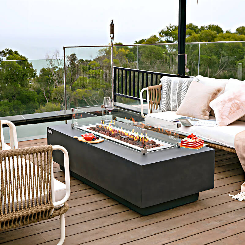 Elementi Granville Rectangular Concrete Fire Table | Shown in Dark Gray with Wind Screen