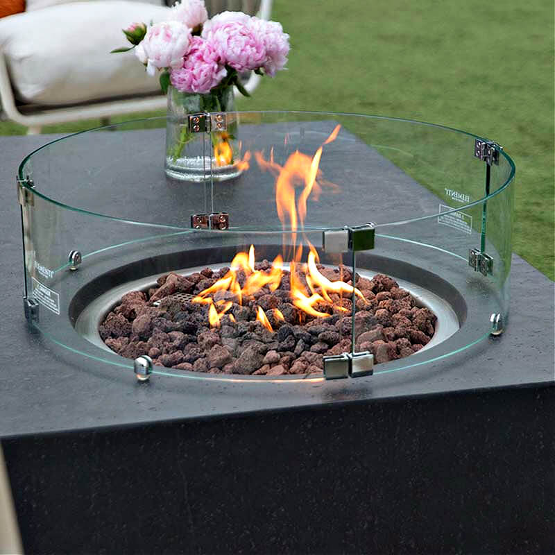 Elementi Metropolis Rectangular Concrete Fire Table in Dark Gray | Glass Wind Screen