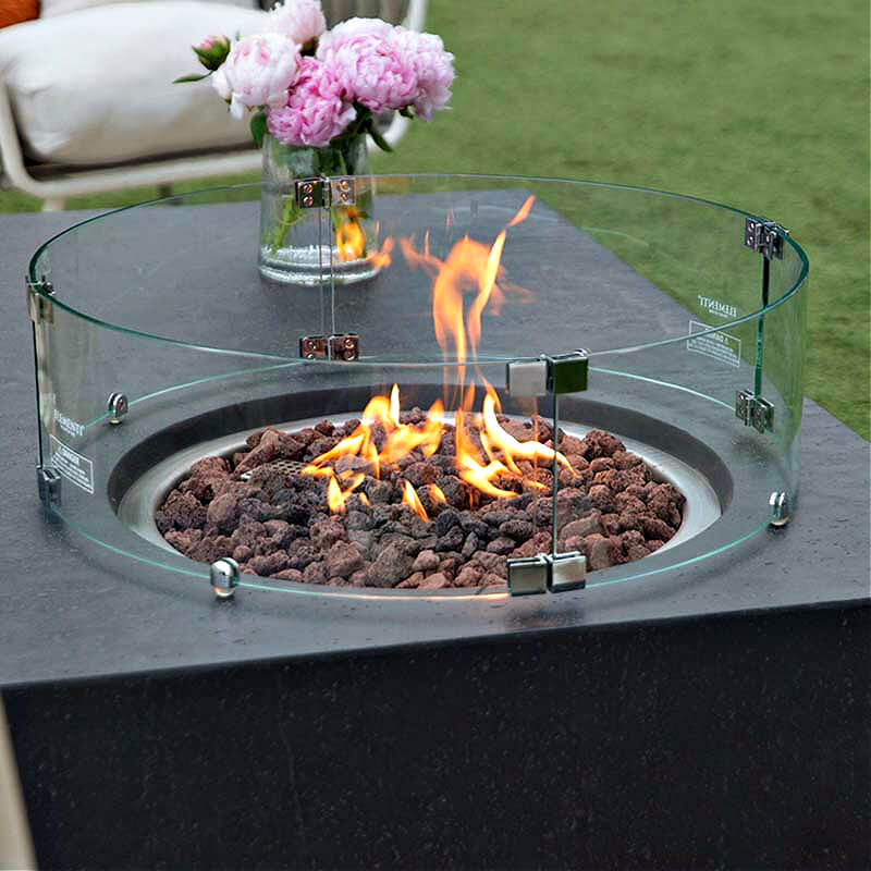 Elementi Metropolis Rectangular Concrete Fire Table in Dark Gray with Glass Wind Screen