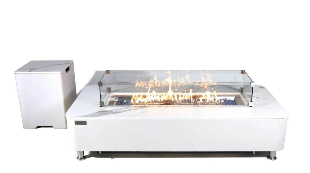 Elementi Plus Athens Bianco White Marble Porcelain Rectangular Fire Table 60000 BTU Image 4