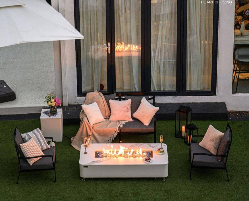 Elementi Plus Athens Bianco White Marble Porcelain Rectangular Fire Table 60000 BTU Image 7