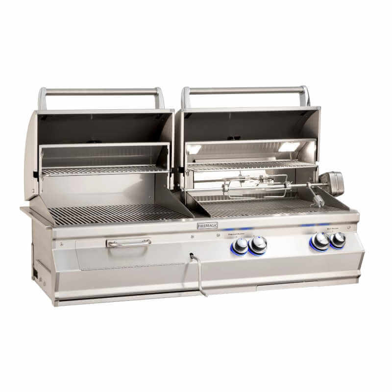 Fire Magic Aurora A830I Gas/Charcoal Combo Grill With Rotisserie | Grill Hoods Open