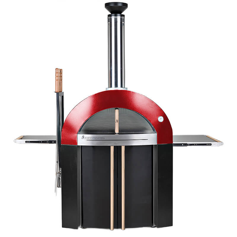 Forno Venetzia Bellagio 300 44-Inch Outdoor Wood-Fired Pizza Oven | In Red With Stainless Steel Shelves