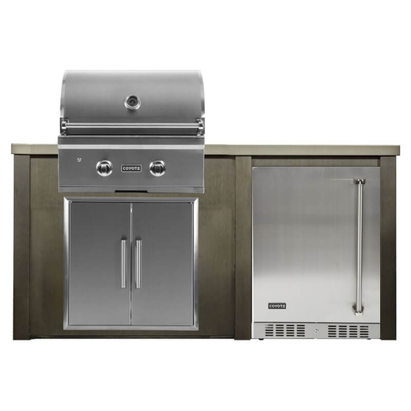 Haven 5.5 Ft. Outdoor Kitchen Island w/ Coyote C-Series 28-Inch Grill, Double Access Door & 24-Inch Refrigerator - Antique Bronze | Left Hinge
