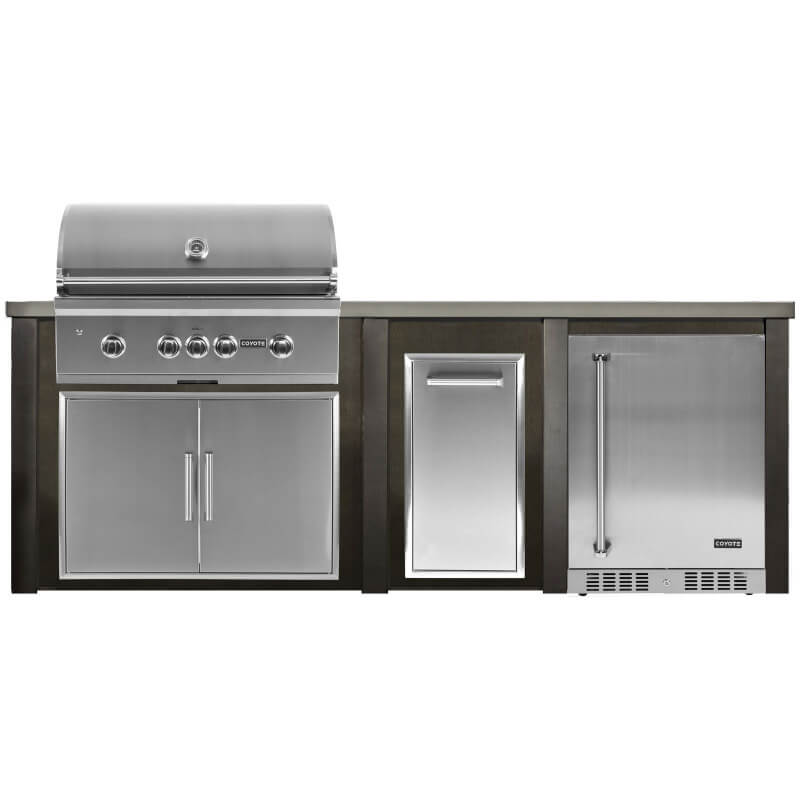 Haven 8 Ft. Outdoor Kitchen | Coyote S-Series, Double Door, Trash Drawer, Coyote Right Hinged Fridge