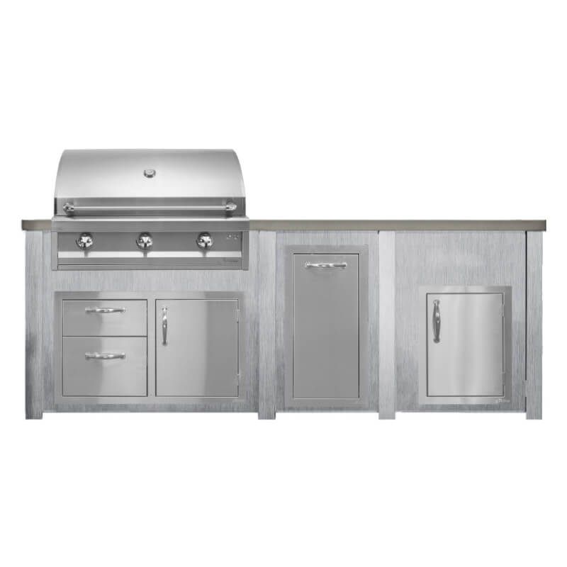 Haven 8 Ft. Outdoor Kitchen Island | Artisan Series Grill, Combo, Trash Drawer, & Right Single Door